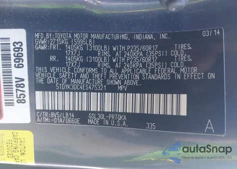 2014 Toyota Sienna Xle/Limited from USA, damaged, VIN 5TDYK3DC4ES475321